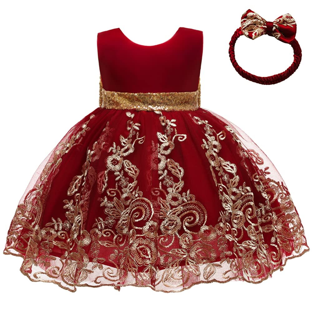 Cmmchaah Toddler Girls Bowknot Dress Baby Little Girl Lace Embroidery Flower Wedding Party Gown Dress 5Y (Burgundy,120)