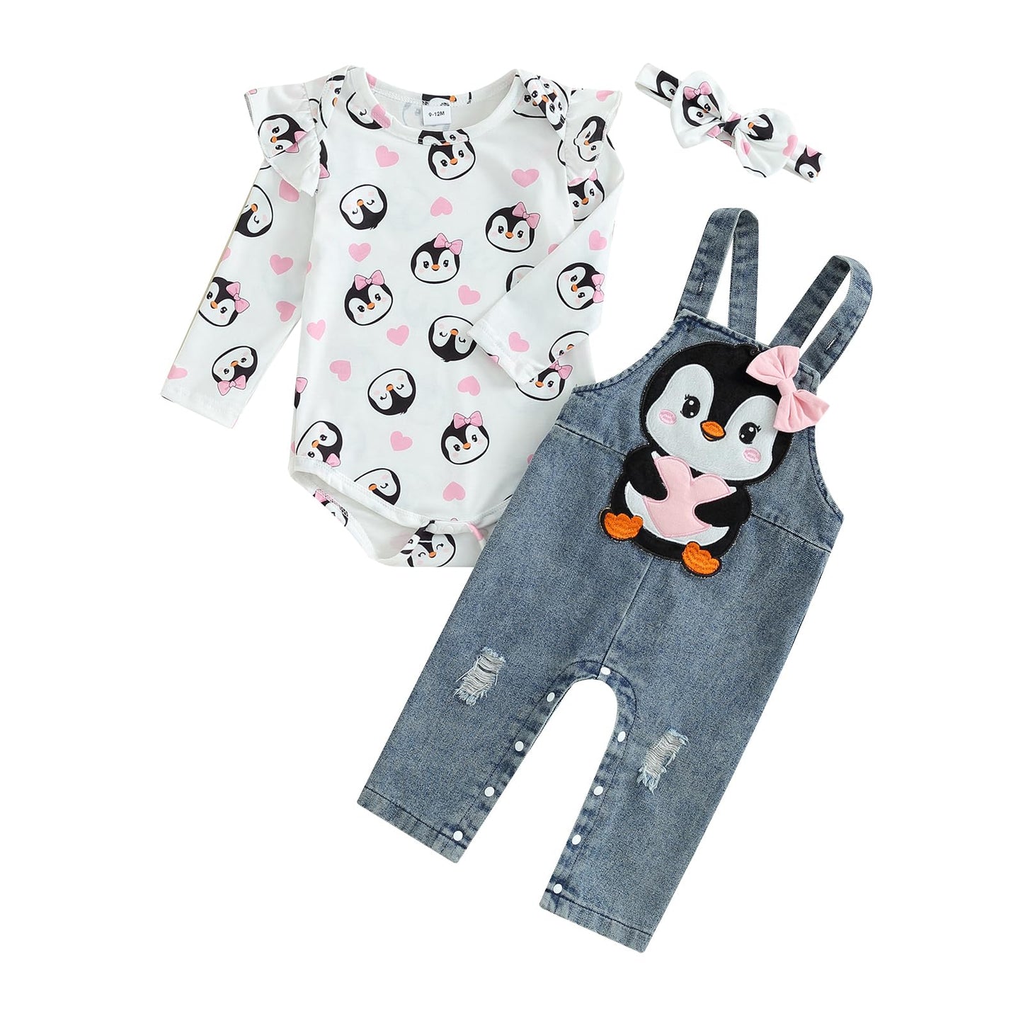 Valentines Day Baby Girl Outfit Newborn Girl Romper Long Sleeve Onesie And Bear Denim Overalls Fall Winter Clothes(A-White Pengu