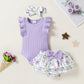 Tiny Cutey Baby Girl Clothes Infant Summer Outfits Set Ruffle Sleeve Romper And Floral Shorts With Headband (Purple Romper And R