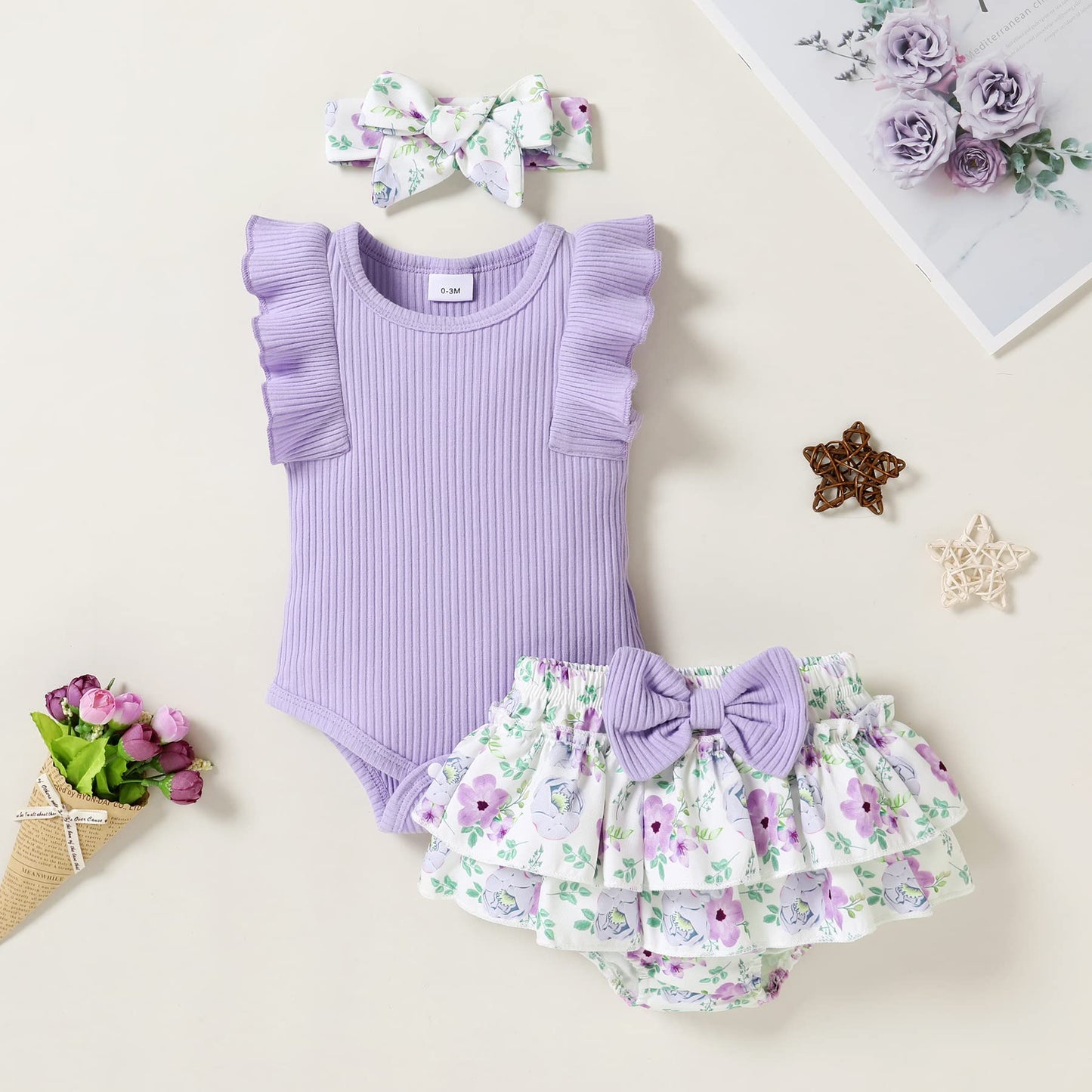 Tiny Cutey Baby Girl Clothes Infant Summer Outfits Set Ruffle Sleeve Romper And Floral Shorts With Headband (Purple Romper And R