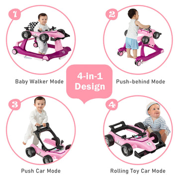 Baby Joy 4-In-1 Baby Walker, Foldable Activity Walker With Adjustable Height & Speed, Music, Lights, Steering Wheel, Comfy Seat