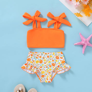Younger Tree Toddler Girls Two Pieces Swimsuit Color Block Stripe Swimwear Summer Beach Bathing Suit 18M-5T(Yellow#Flower 2-3T)