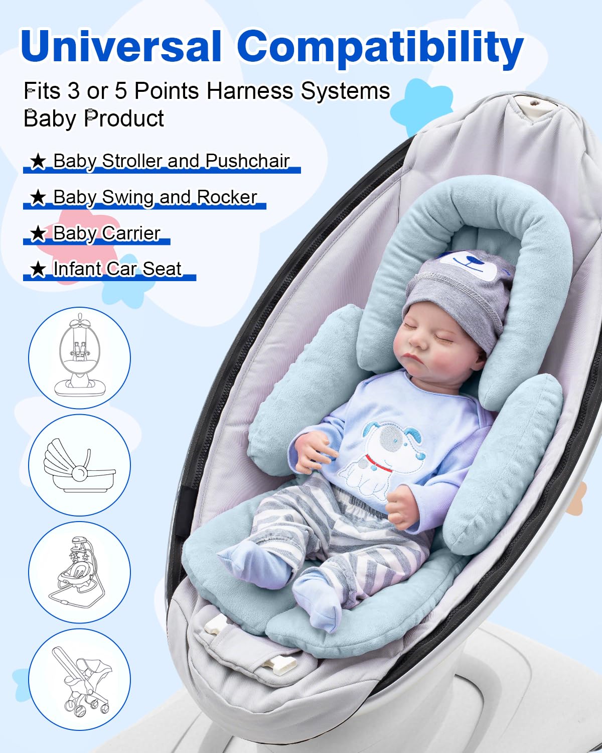 Kaseeous Infant Insert Compatible with Mamaroo Swing & Graco Swing, Thickened Baby Car Seat Head Support with Shoulder Covers, B