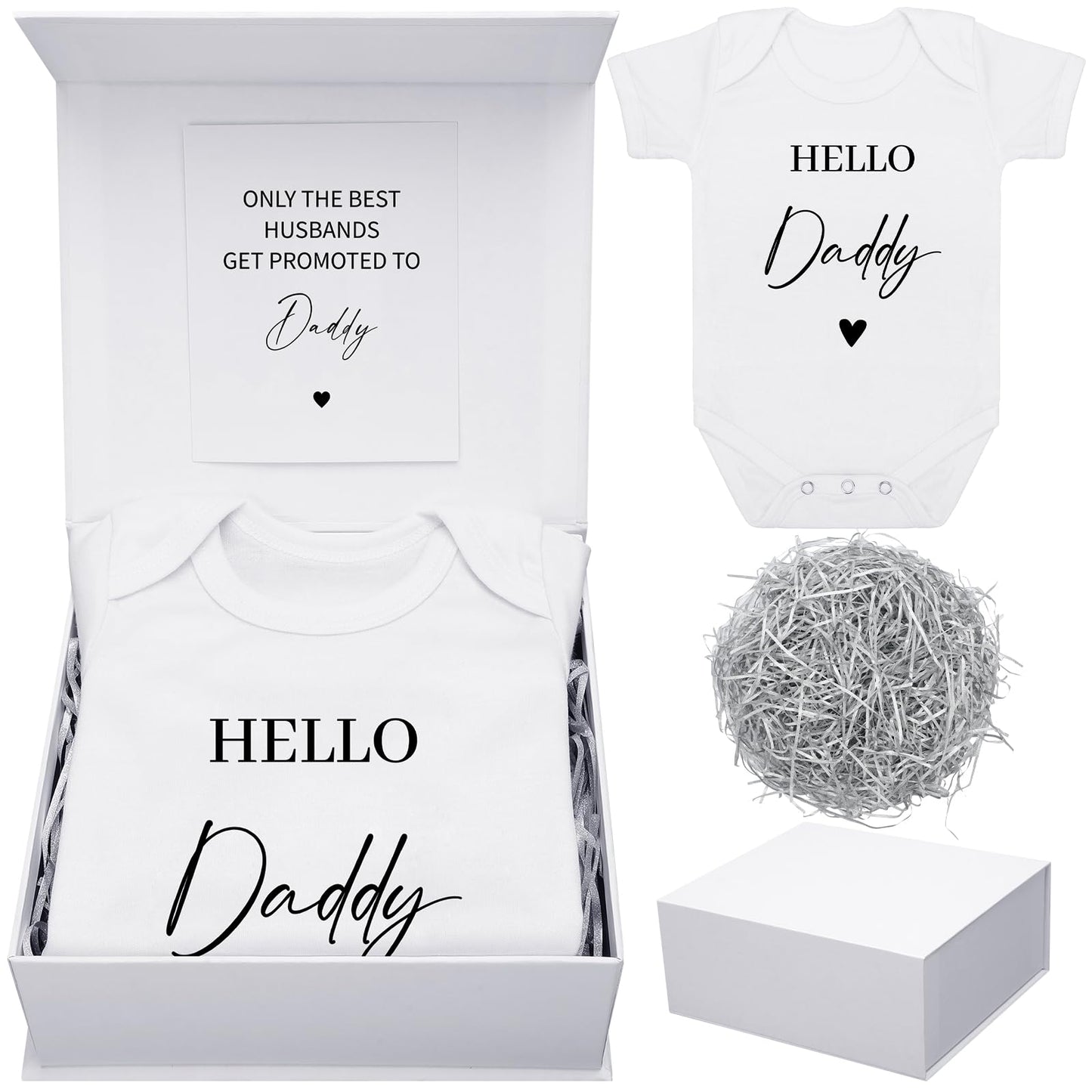 Shyyween 4 Pcs Pregnancy Announcement for Husband, Daddy Baby Bodysuit, Hello Daddy Pregnancy Reveal Card Baby Reveal Gift Box B