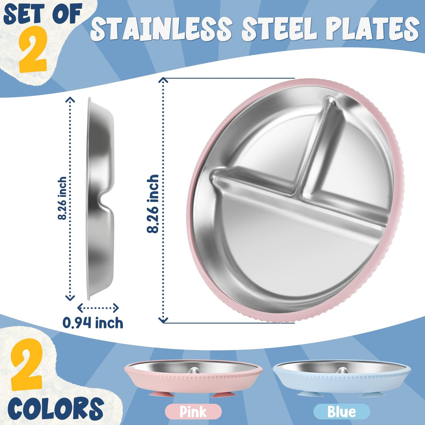 2-Pack Stainless Steel Kids Plates with Suction Bases, 8.26 Divided Toddler Plates with Removable Silicone Sleeves, Non-Slip, BP