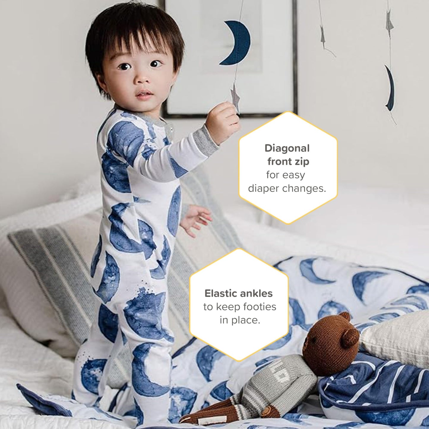 Burt'S Bees Baby Baby Boys Pajamas, Zip-Front Non-Slip Footed Pjs, Organic Cotton And Toddler Sleepers, Indigo Hello Moon, 12 Mo