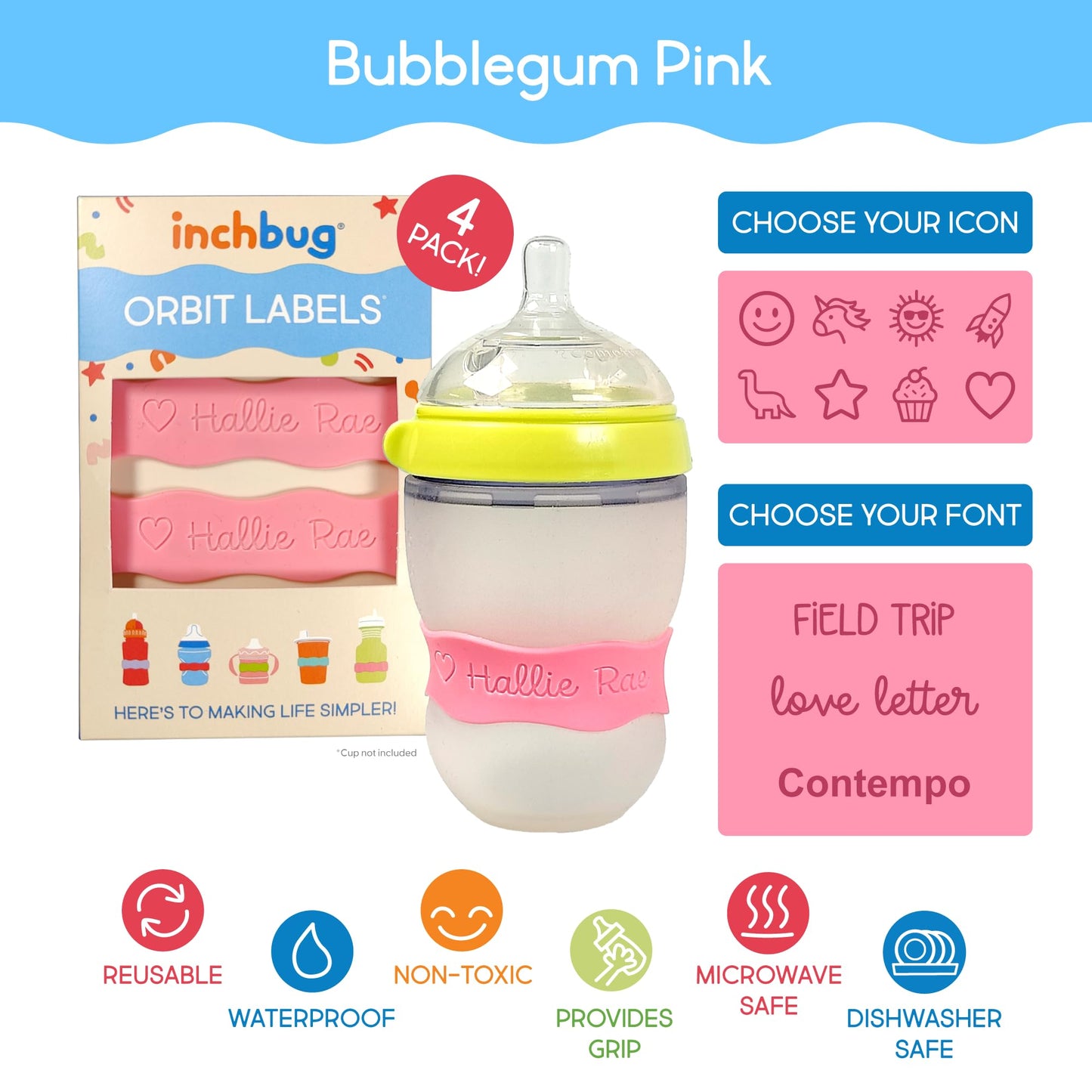 Inchbug Orbit Labels - Baby Bottle Name Labels For Daycare, Sippy Cup Bands - Engraved Silicone, Reusable, Dishwasher Safe, Matc