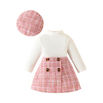 Visgogo Toddler Girl Skirts Outfit Ribbed Long Sleeve Tops Plaid Tweed Pattern Skirt Beret Fall 3Pcs Clothes (Pink, 2-3 Years)