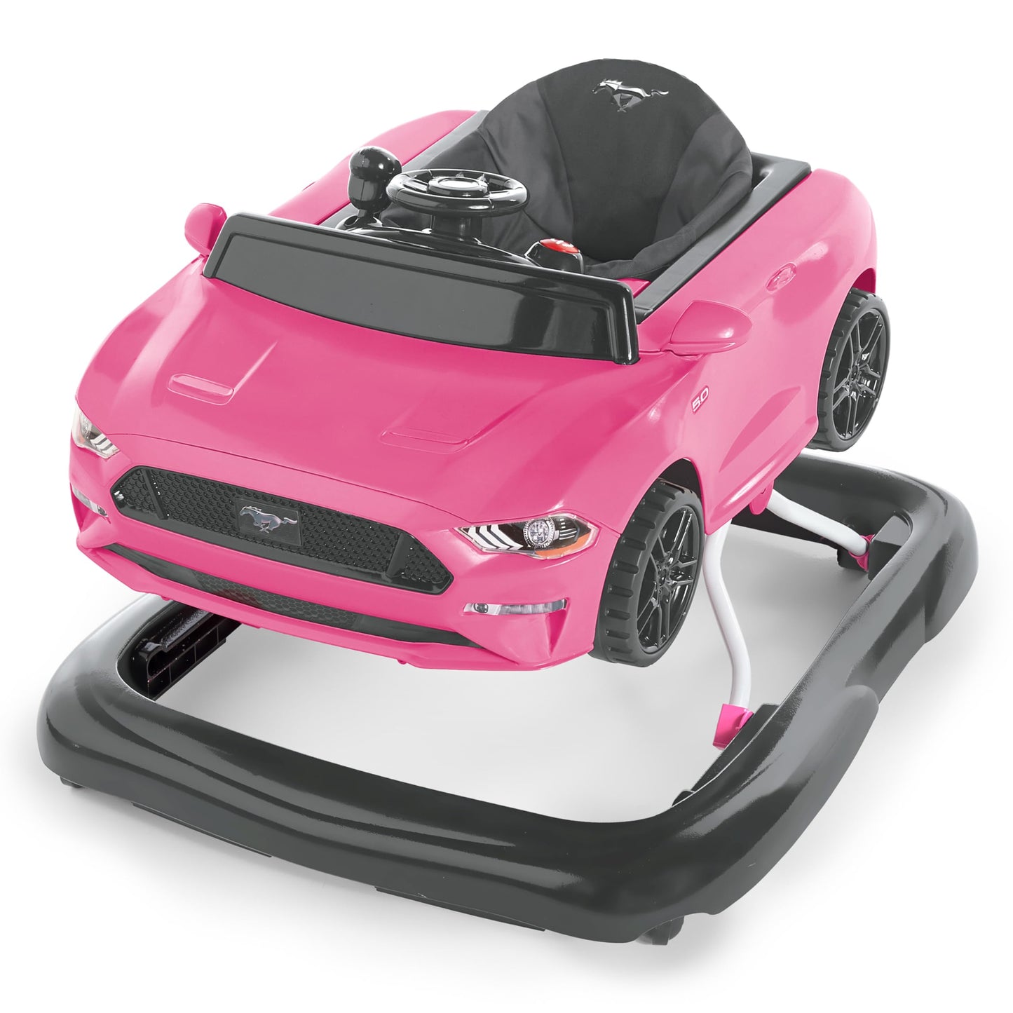 Bright Starts Ford Mustang 4-In-1 Pink Baby Activity Center & Push Walker With Removable Interactive Steering Wheel -Toy, 6 Mont
