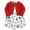Hudson Baby Baby Girls' Cotton Dress And Cardigan Set, Red Winter Forest, 3T