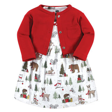 Hudson Baby Baby Girls' Cotton Dress And Cardigan Set, Red Winter Forest, 3T