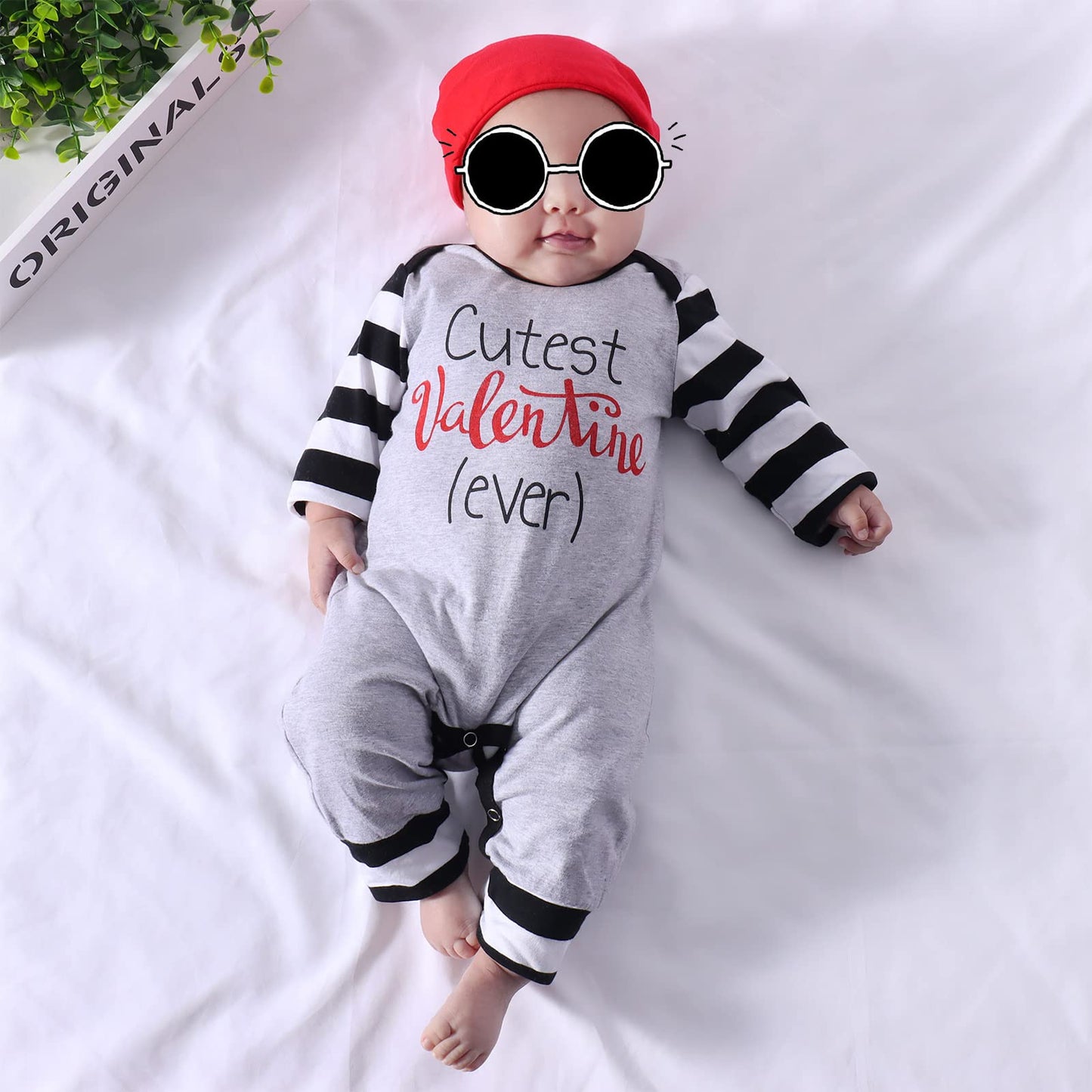 Cm C&M Wodro Baby Boy Valentines Day Outfit Romper Long Sleeve Stripe One Piece Bodysuit Jumpsuit With Hat Infant Clothes Set (G