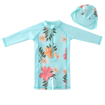 Sweegentle Baby Girl Beach Swimwear Long Sleeve Rashguard Upf 50+ -Sun Protective Sunsuit With Hat Aqua
