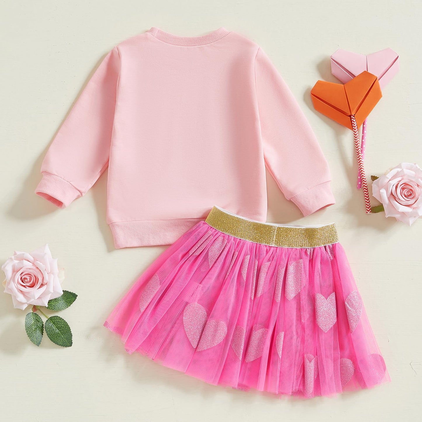 Lagkiyoj Toddler Girls Valentines Day Outfits Long Sleeve Letter Print/Embroidery Sweatshirt+Tulle Skirt Set Baby Clothes (Pink