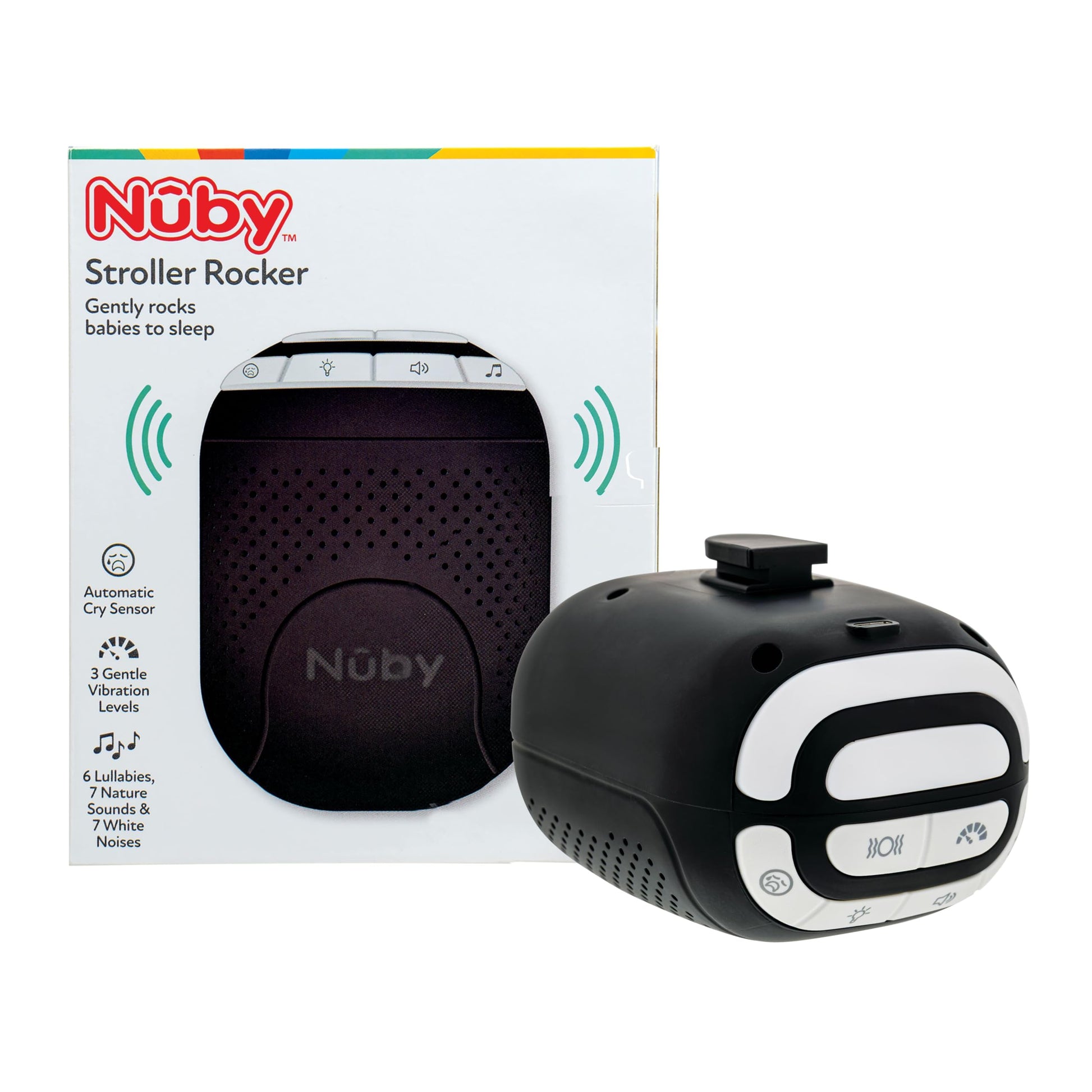Nuby Stroller Rocker & Sound Machine for Babies - Portable Soother with 3 Vibration Speeds - USB-C Rechargeable - Attaches to St