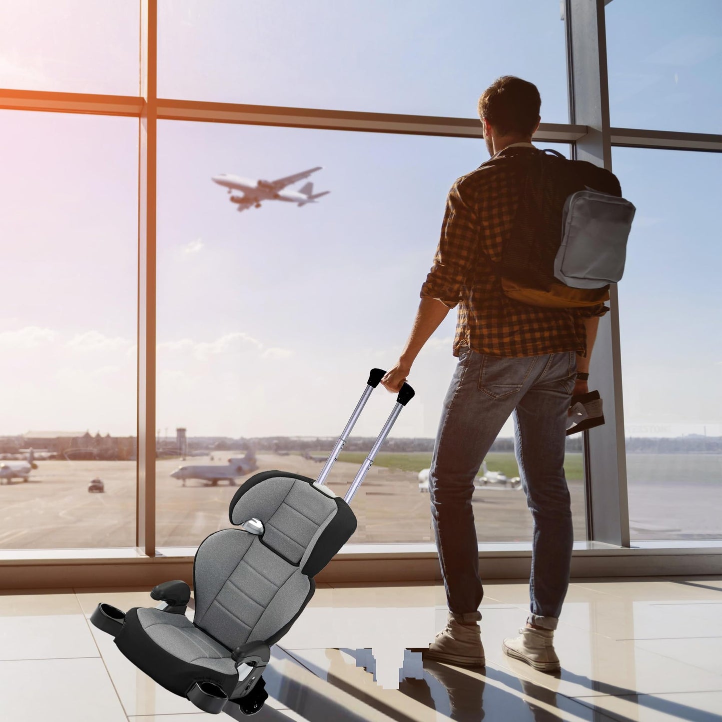 Car Seat Travel Cart With Wheels - Folding Dolly Roller For Airport, Airplane, And Luggage - Portable Carrier With Backpack Stra