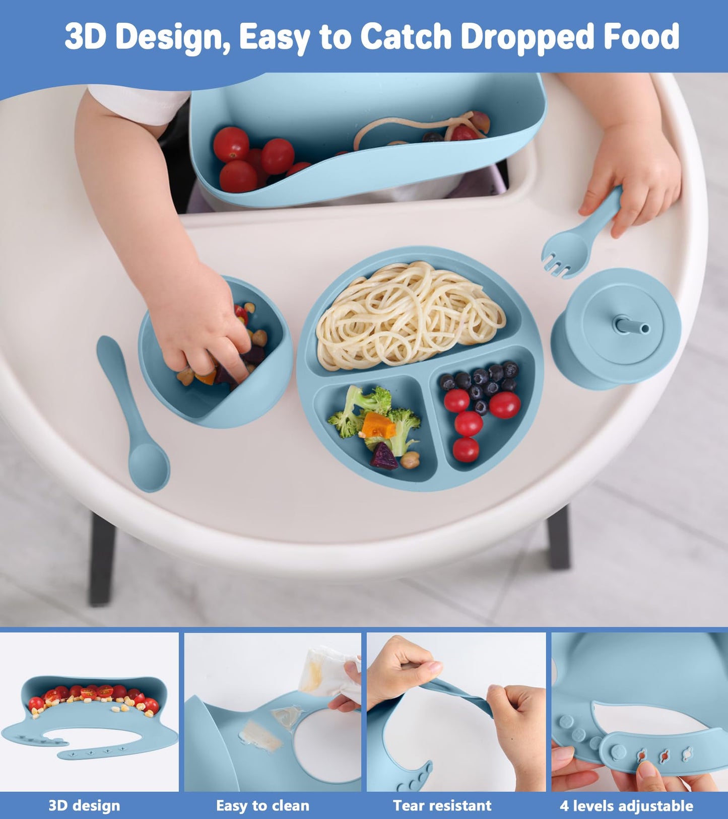 Silicone Baby Feeding Set, 10 Pcs Baby Led Weaning Supplies With Suction Bowl Divided Plate Adjustable Bib Soft Spoon Fork Snack