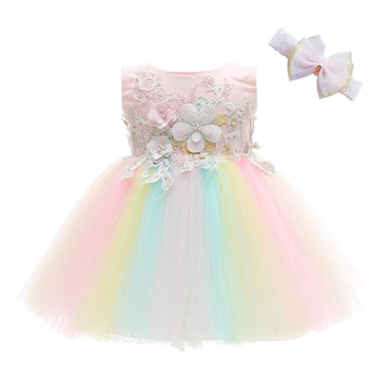 Weileenice Peach Baby Girls Dress Rainbow Tulle Lace Embroidery Beads Infant 1St Birthday Party Wedding Outfit 6M/ 6-12 Toddler
