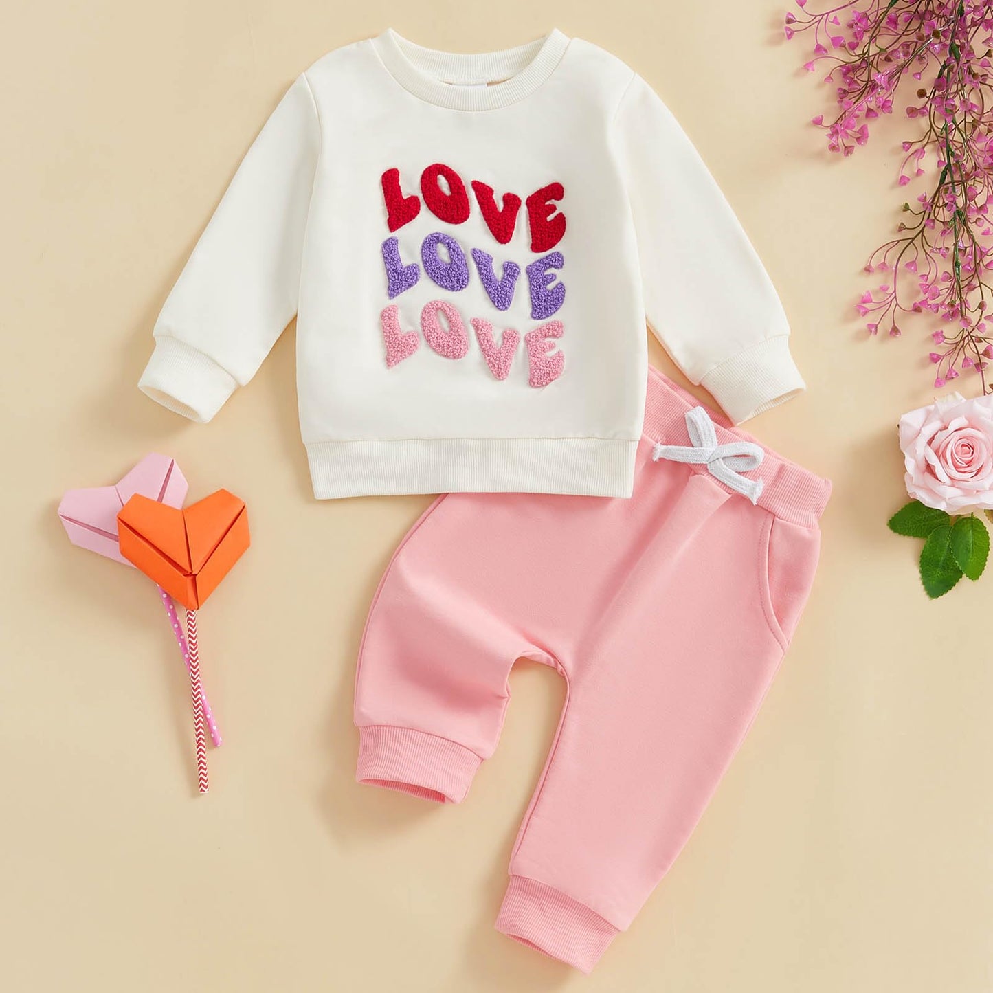 Focusnorm Toddler Baby Girl Valentine'S Day Outfits Letter Embroidery Sweatshirt Elastic Pants Sets Newborn Infant Clothes (Cute