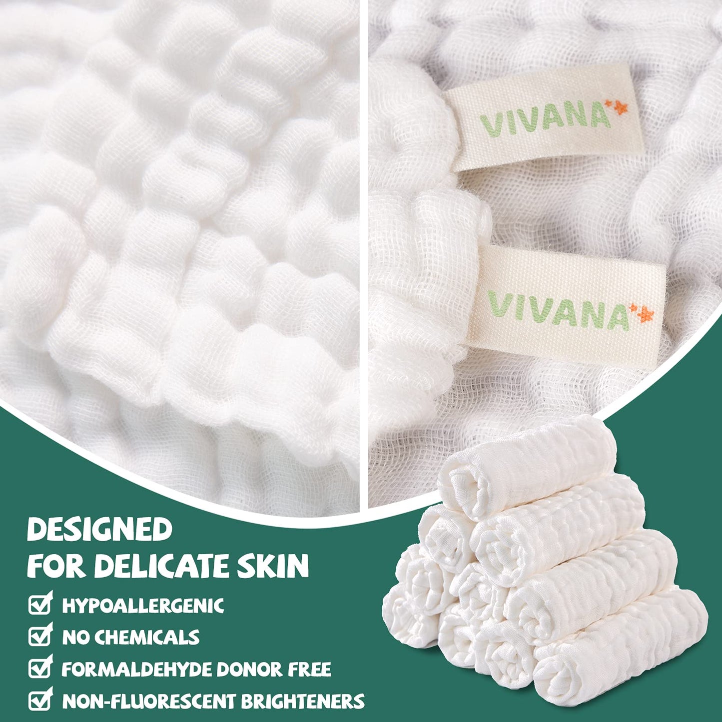 Vivana Baby Muslin Washcloths -6 Layer Soft Absorbent Face Towel - Natural Newborn Wipes For Delicate Skin - Baby Registry As Sh