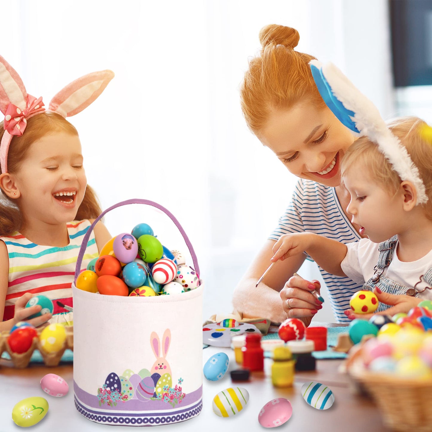 Lessmo 2 Pcs Easter Bunny Basket Easter Egg Buckets, Blue Pink Cute Personalized Canvas Cotton Tote Bags Egg Hunt Basket For Eas