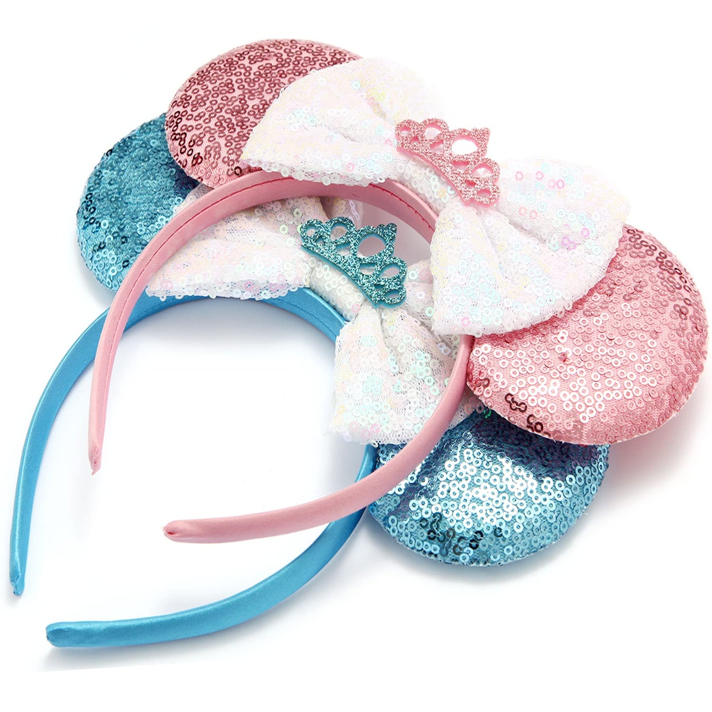 Rcjera Mommy And Me Glitter Headbands - Classic Bow Ears For Kids, Women, Princess Cosplay, Birthday, Christmas Party (Blue+Pink