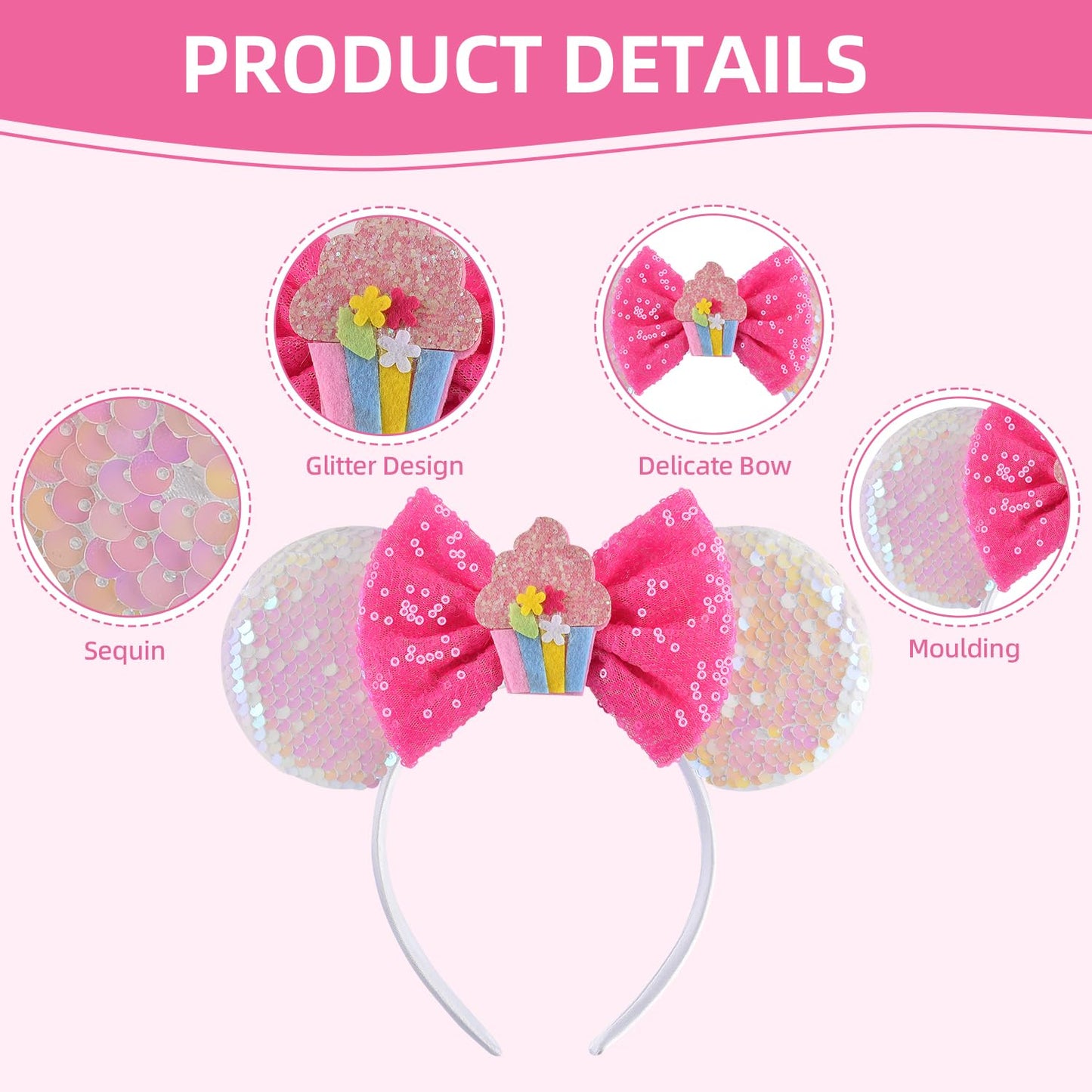 Seamoy Sequin Birthday Minnie Ears Headband, Sparkle Birthday Mouse Ears, Princess Headwears, Pink Birthday Mini Ears Headband F