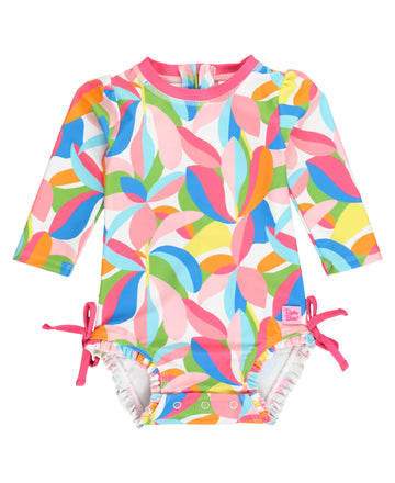 Rufflebutts Baby Girls Upf 50+ Sun Protection Novelty Print Long Sleeve One Piece Rash Guard Swimsuit With Zipper - Tropical Adv