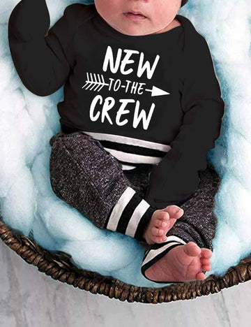Fommy Baby Boy Clothes New To The Crew Letter Print Romper+Pants+Hat 3Pcs Infant Baby Boy Outfits Set 3-6 Months