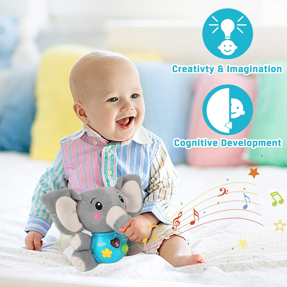 Aitbay Plush Elephant Music Baby Toys 0 3 6 9 12 Months, Cute Stuffed Aminal Light Up Baby Toys Newborn Baby Musical Toys for In