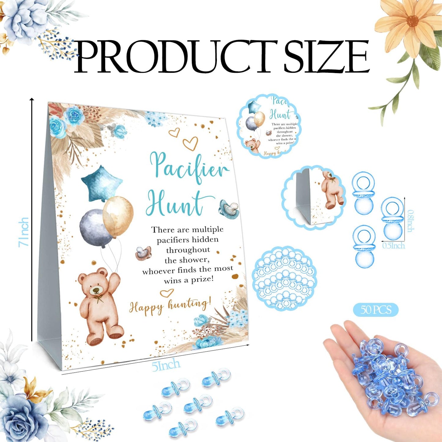 Guawubiang Winnie Pacifier Hunt Sign, Mini Pacifiers Baby Shower Game Set, Pacifier Hunt Baby Shower Game, 50Pcs Blue Mini Pacif