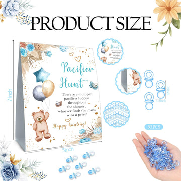 Guawubiang Winnie Pacifier Hunt Sign, Mini Pacifiers Baby Shower Game Set, Pacifier Hunt Baby Shower Game, 50Pcs Blue Mini Pacif