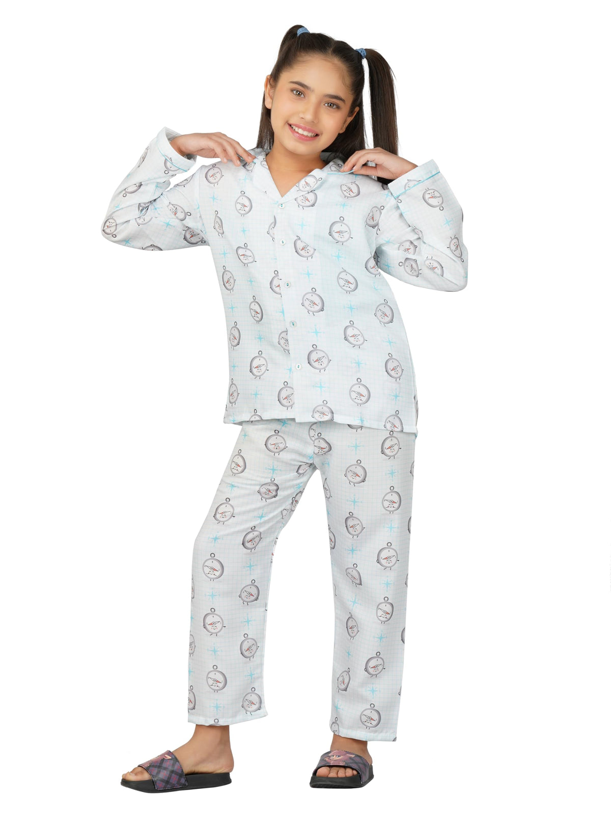 SAND DUNE Girls Regular Fit Full Sleeves Printed Shirt and Pyjamas Set White
