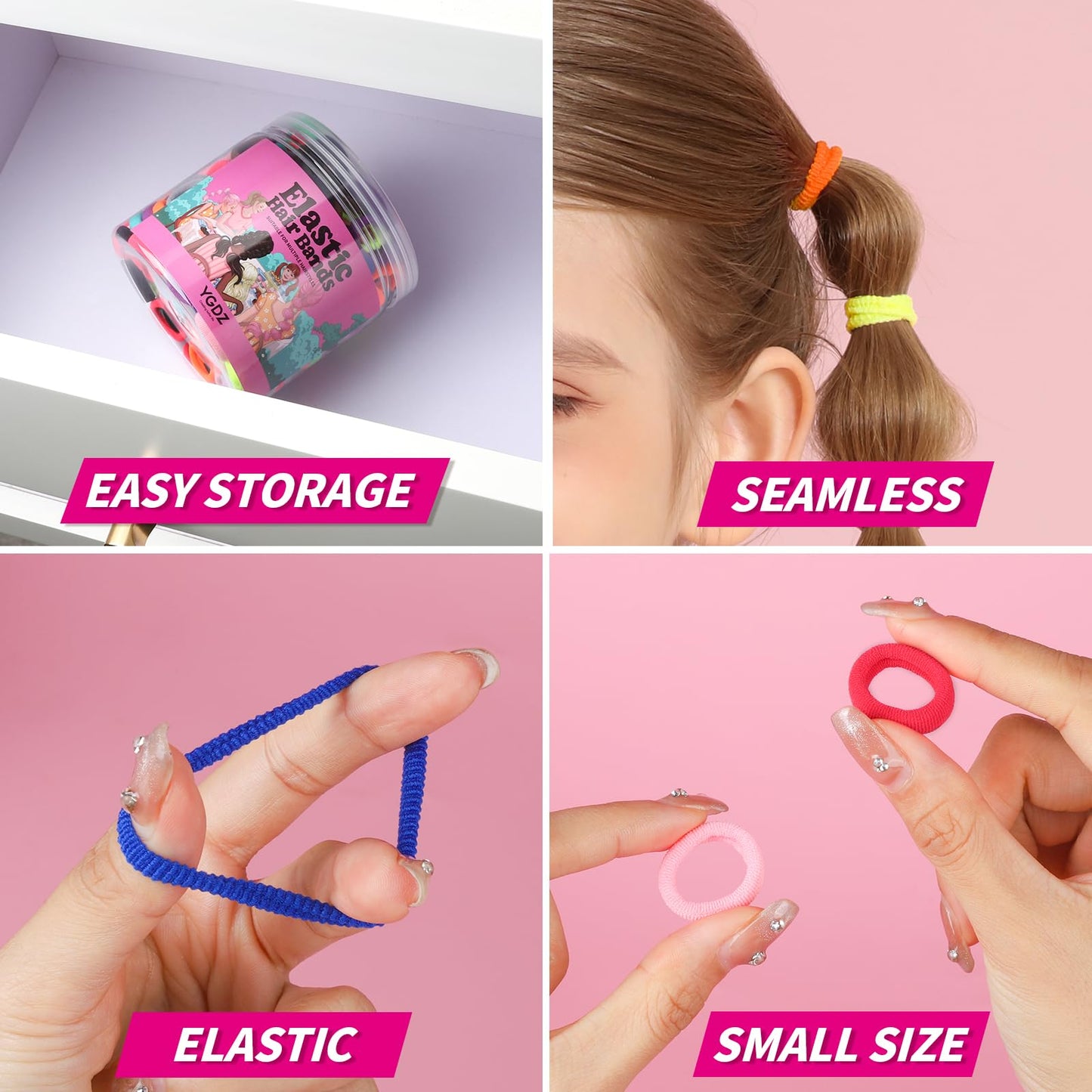 Ygdz Cotton Mini Hair Ties And Ponytail Holders Set For Toddlers And Kids: 300Pcs Seamless Elastic Multicolor Bands, Hair Access