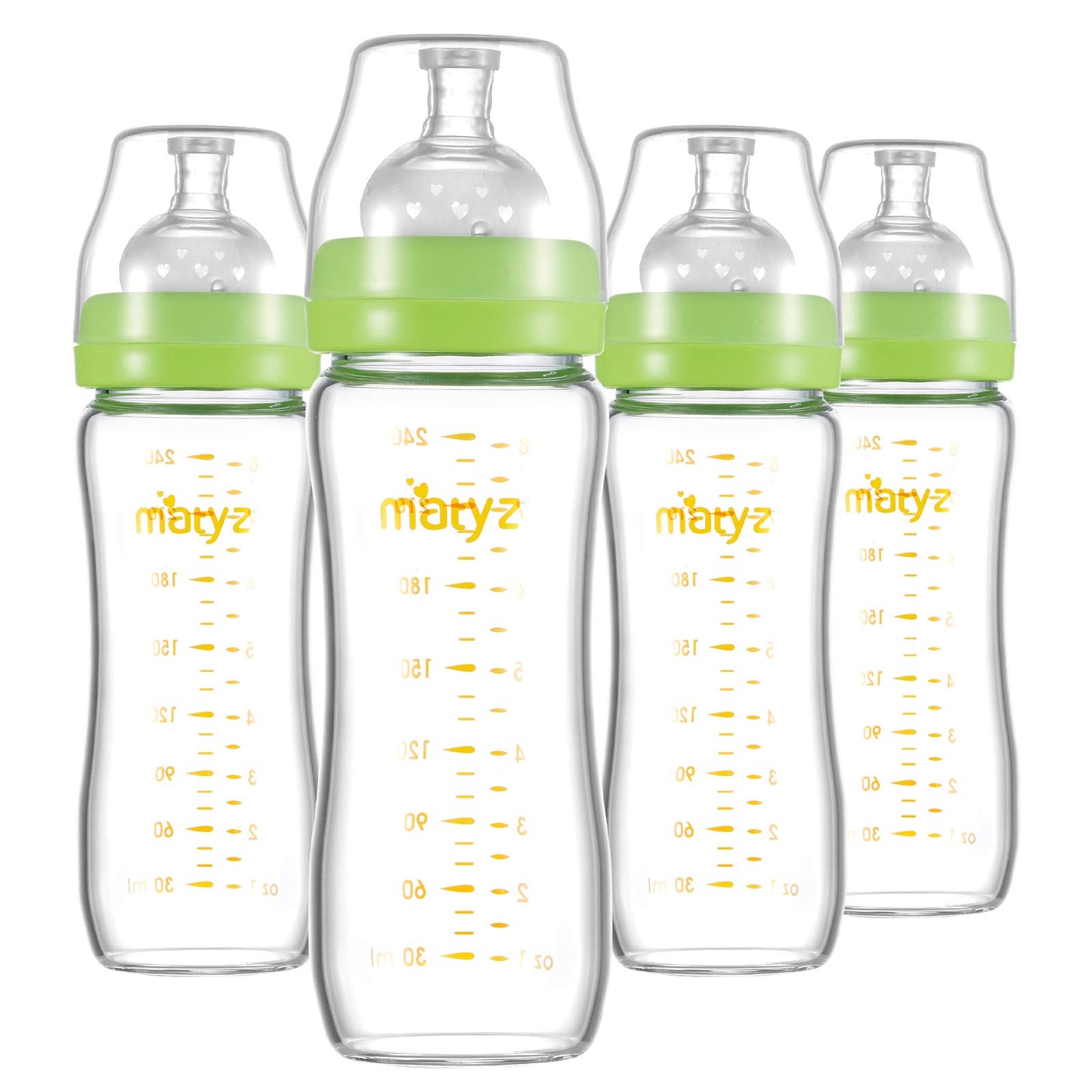 Matyz Glass Breastmilk Baby Feeding Bottle With Nipple, 4 Pack, 8 Oz Slim And Light Bottle Easy To Hold, Food Grade Borosilicate