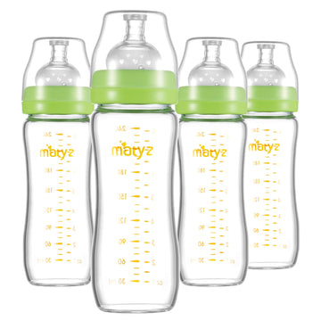 Matyz Glass Breastmilk Baby Feeding Bottle With Nipple, 4 Pack, 8 Oz Slim And Light Bottle Easy To Hold, Food Grade Borosilicate