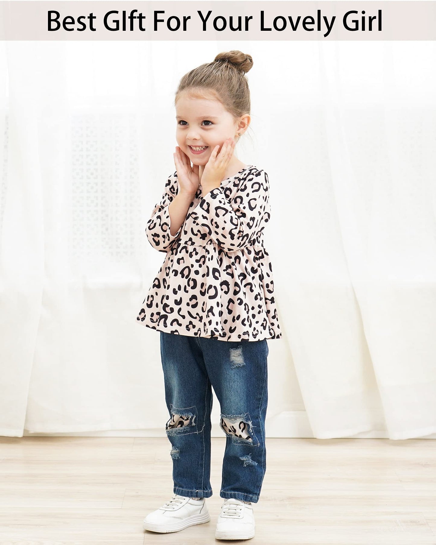 Nzrvaws 12 Months Girls Clothes Toddler 18 Months Baby Outfit Leopard T Shirt Tops Denim Ripped Jeans Long Pant Infant 2Pc Cloth