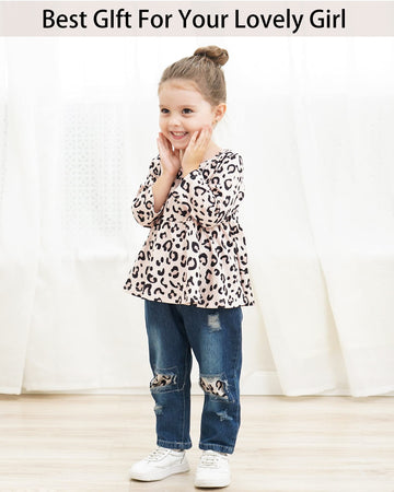 Nzrvaws 12 Months Girls Clothes Toddler 18 Months Baby Outfit Leopard T Shirt Tops Denim Ripped Jeans Long Pant Infant 2Pc Cloth