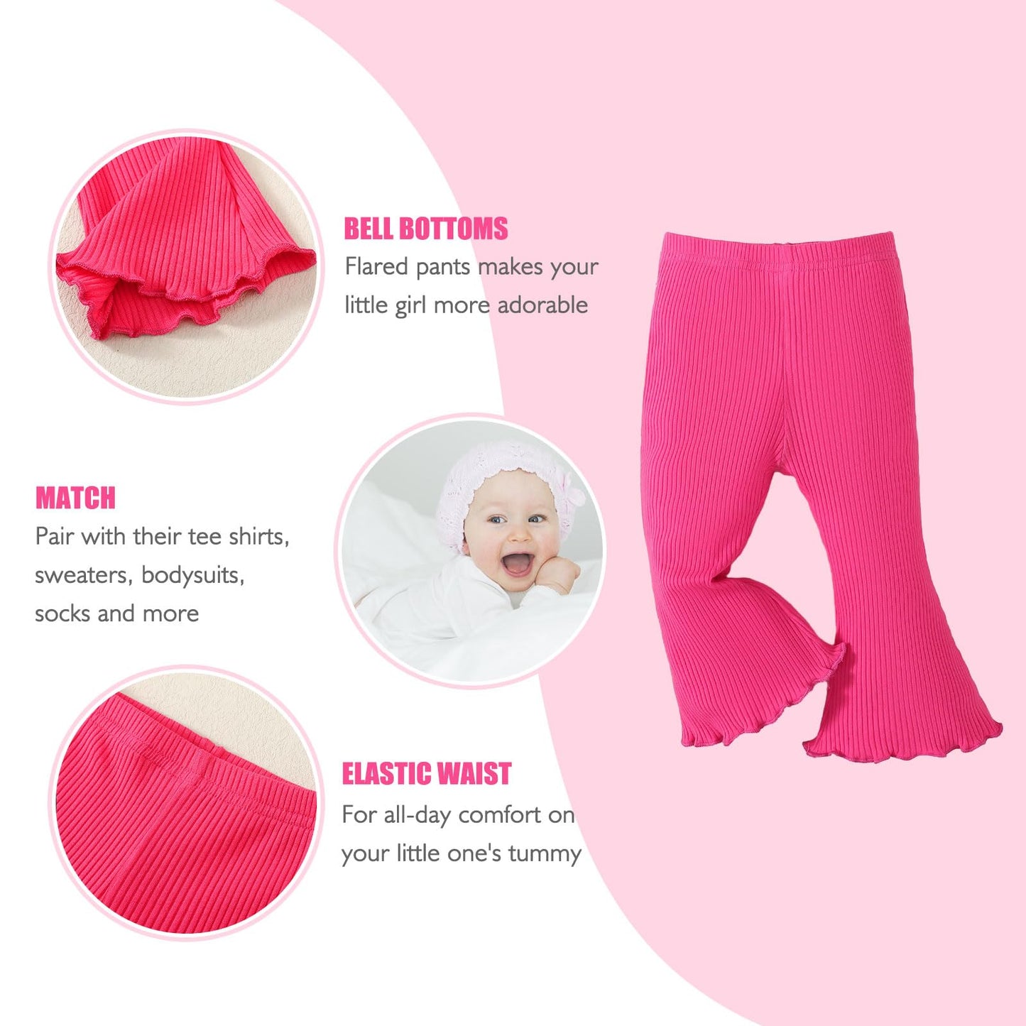 Sobowo Toddler Baby Girl Flare Pants 3 Pack Solid Ribbed Ruffle Bell Bottoms Pants Fall Outfits(Coffee/Rose/Gray, 2-3T)