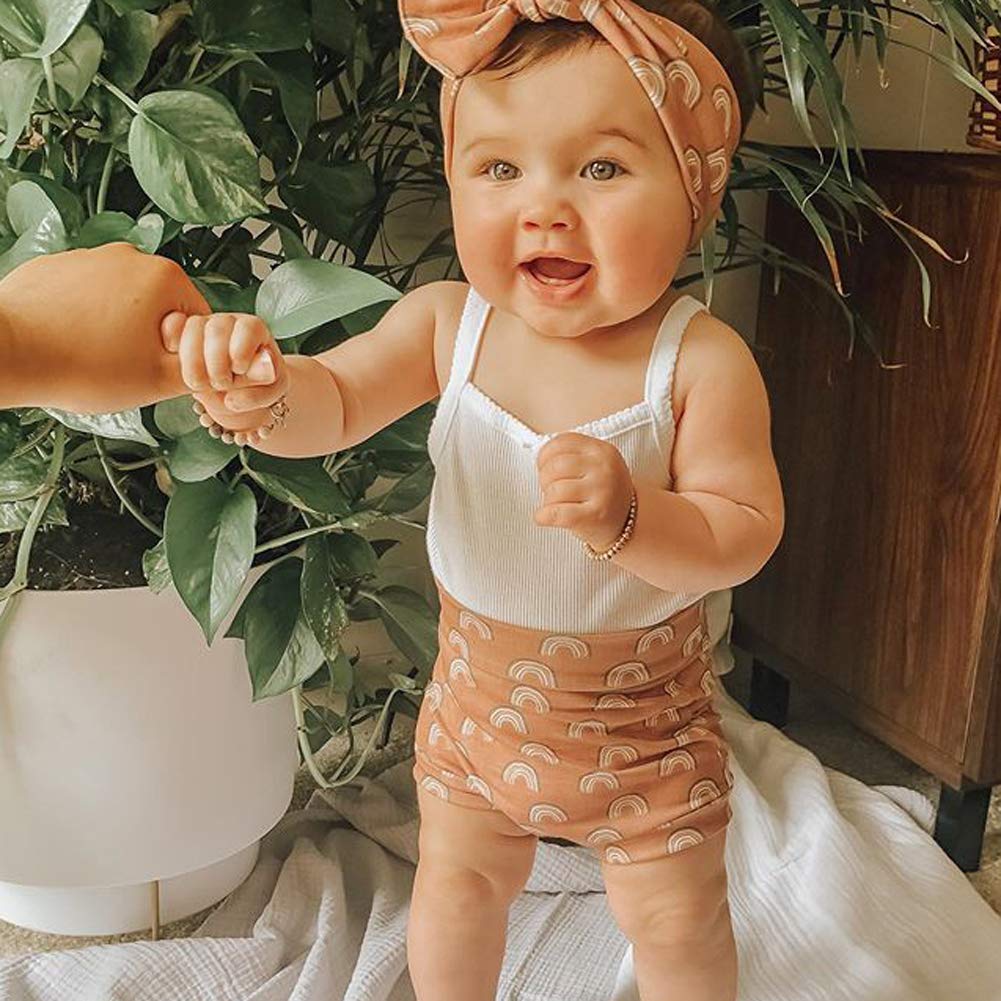 Easisim 3Pcs Newborn Infant Baby Girls Shorts Set Cotton Sleeveless Romper Bodysuit Shorts Headband Outfit Set (White Rainbow, 6