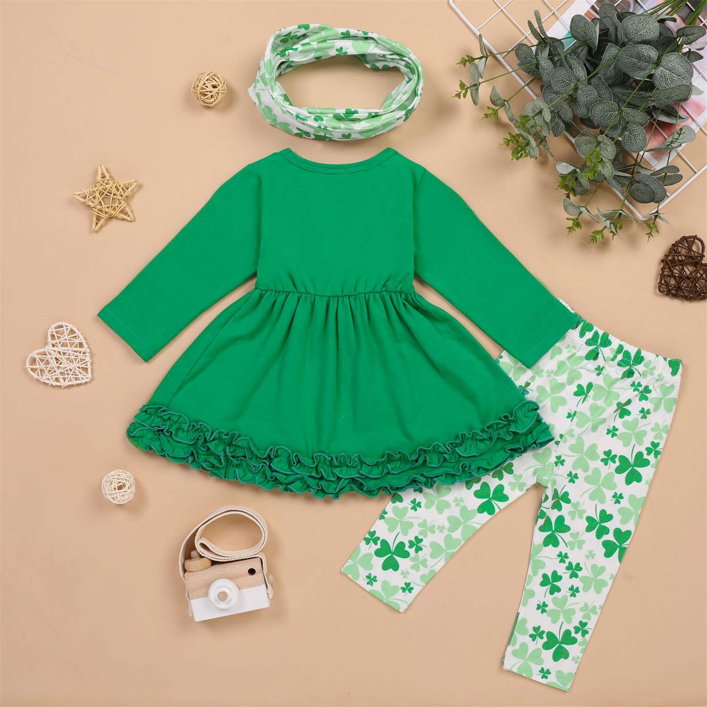 Toddler Baby Girls St. Patricks Day Outfits Ruffle Long Sleeve Top Dress +Shamrock Print Pants+Scarf 3Pcs Clothes (Green,6-12 Mo