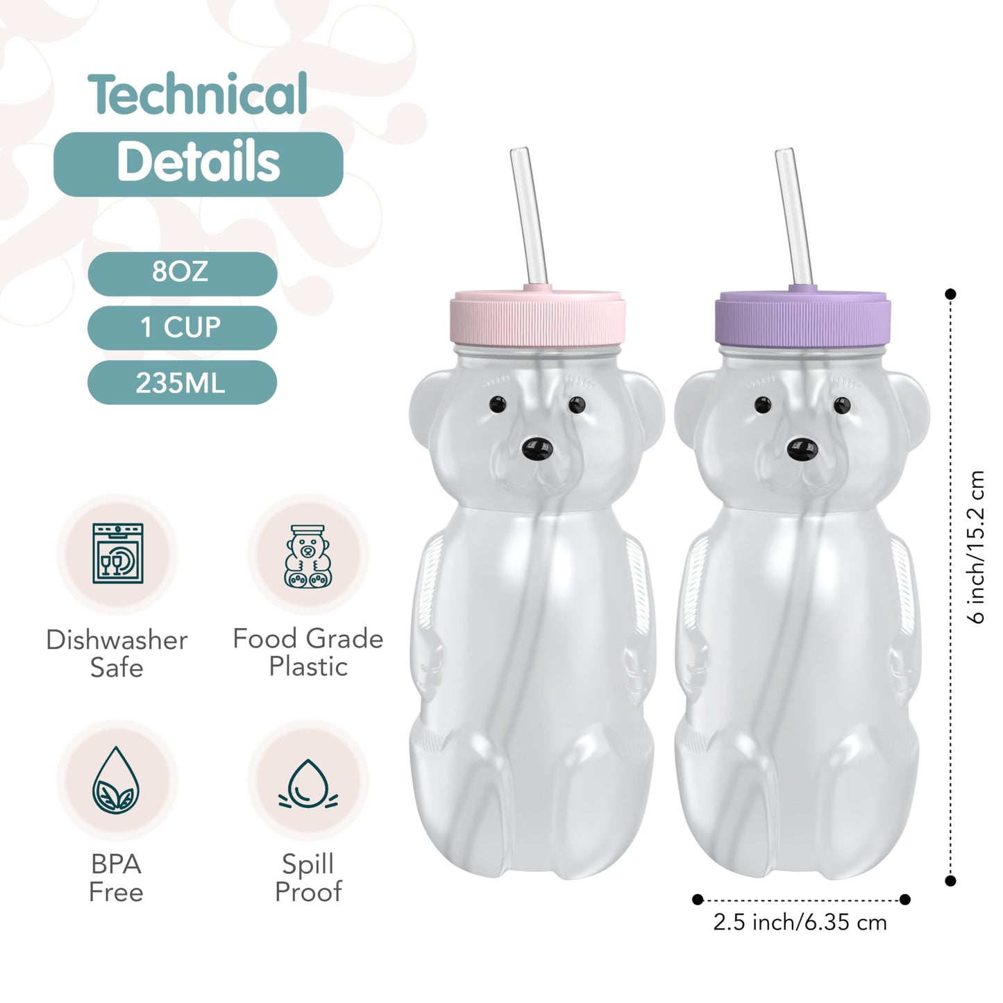 The 730 Project Honey Bear Straw Cup For Babies, 8Oz Honey Bear Cup With Travel Lid, 2-Pack Therapy Learning Honeybear Straw Cup