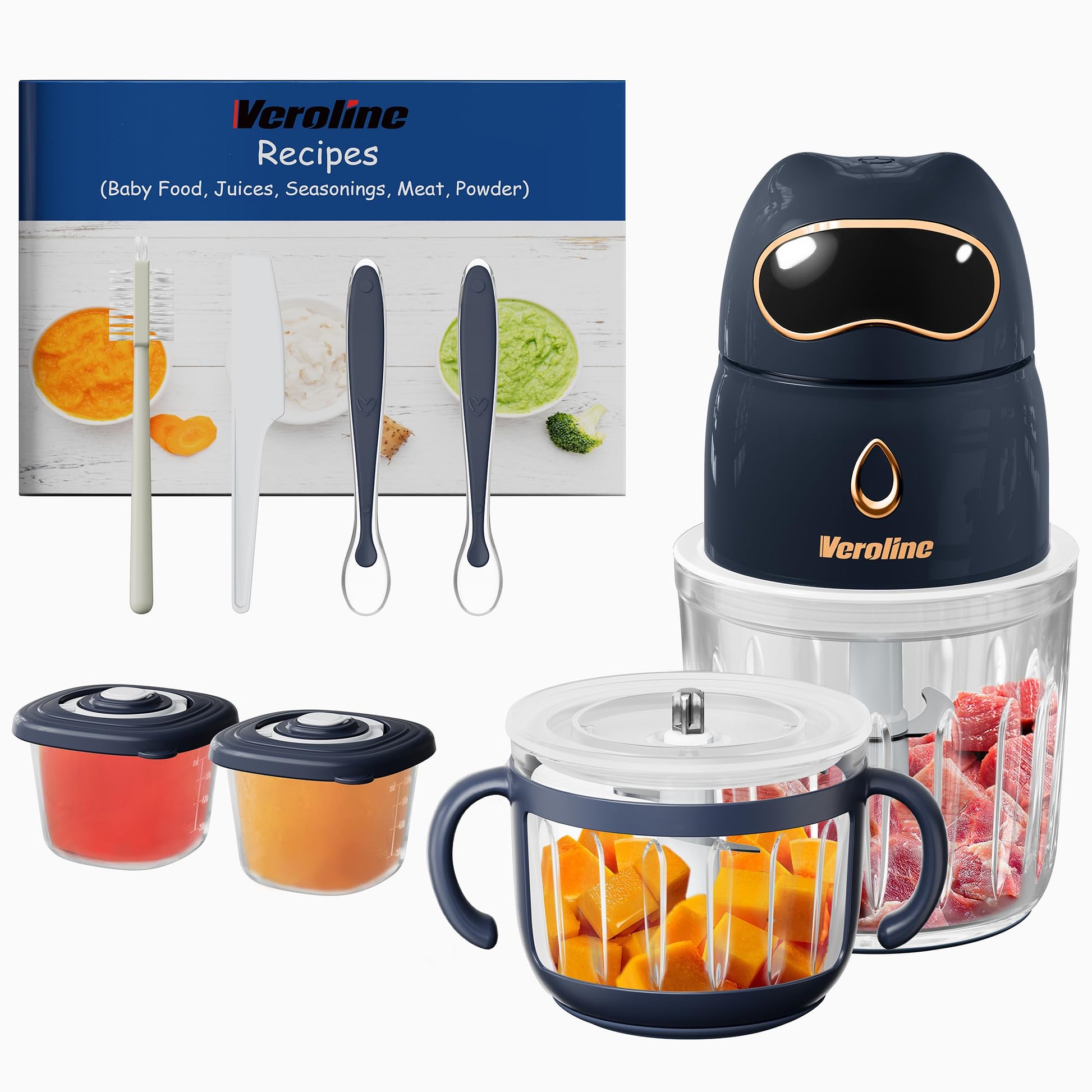 Veroline Baby Food Maker, 10-in-1 Baby Food Processor Set with 2 Glass Bowls (600ml+300ml), Baby Food Blender for Baby Puree, Fr