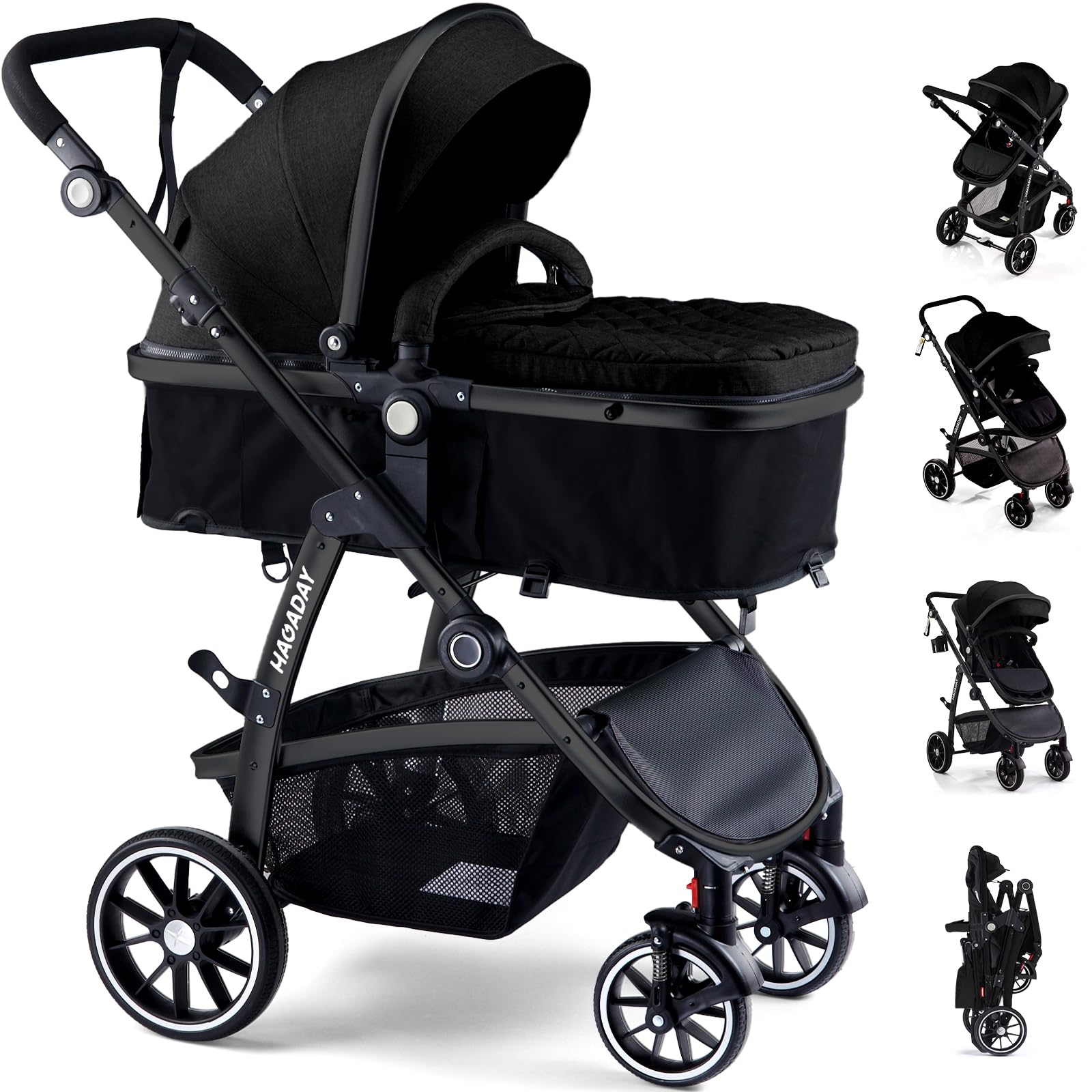 Baby Stroller, 2-in-1 Reversible Toddler Seat with Lie-Flat Mode, Foldable Infant Stroller with Canopy, One Button Brake, Adjust