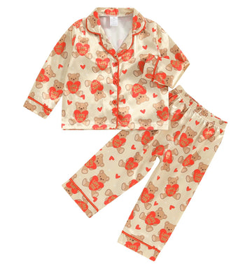 Qiylii Valentine'S Day Loved Bear Silk Pajamas Toddler Baby Girl Button-Up Pajamas 2-Piece Satin Pjs Sleepover Nightgown (2T Bea