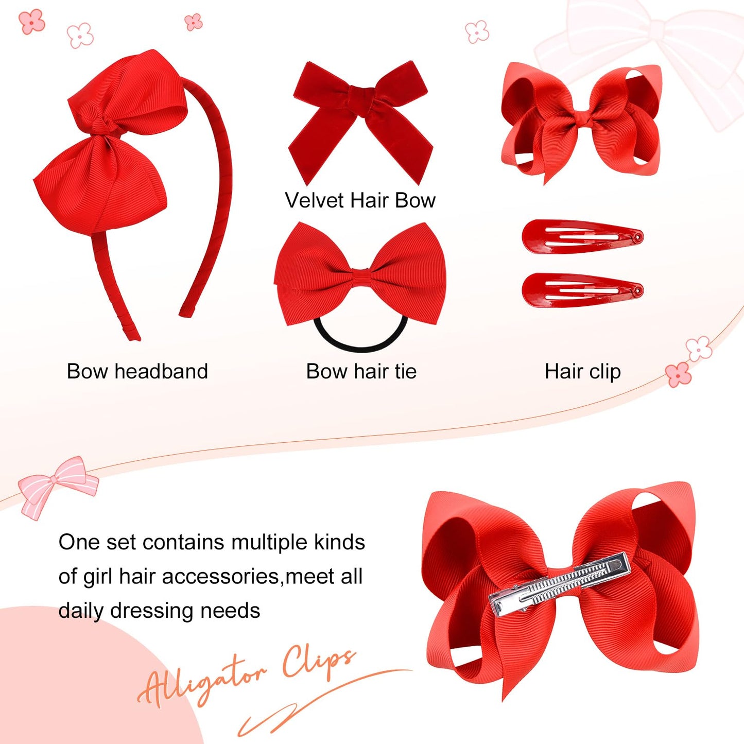 Deeka Hair Accessories, 15 Pieces Uniform Hair Bows, Hair Clips, Headband, Hair Ties Set For Little Toddler School Girls - Red