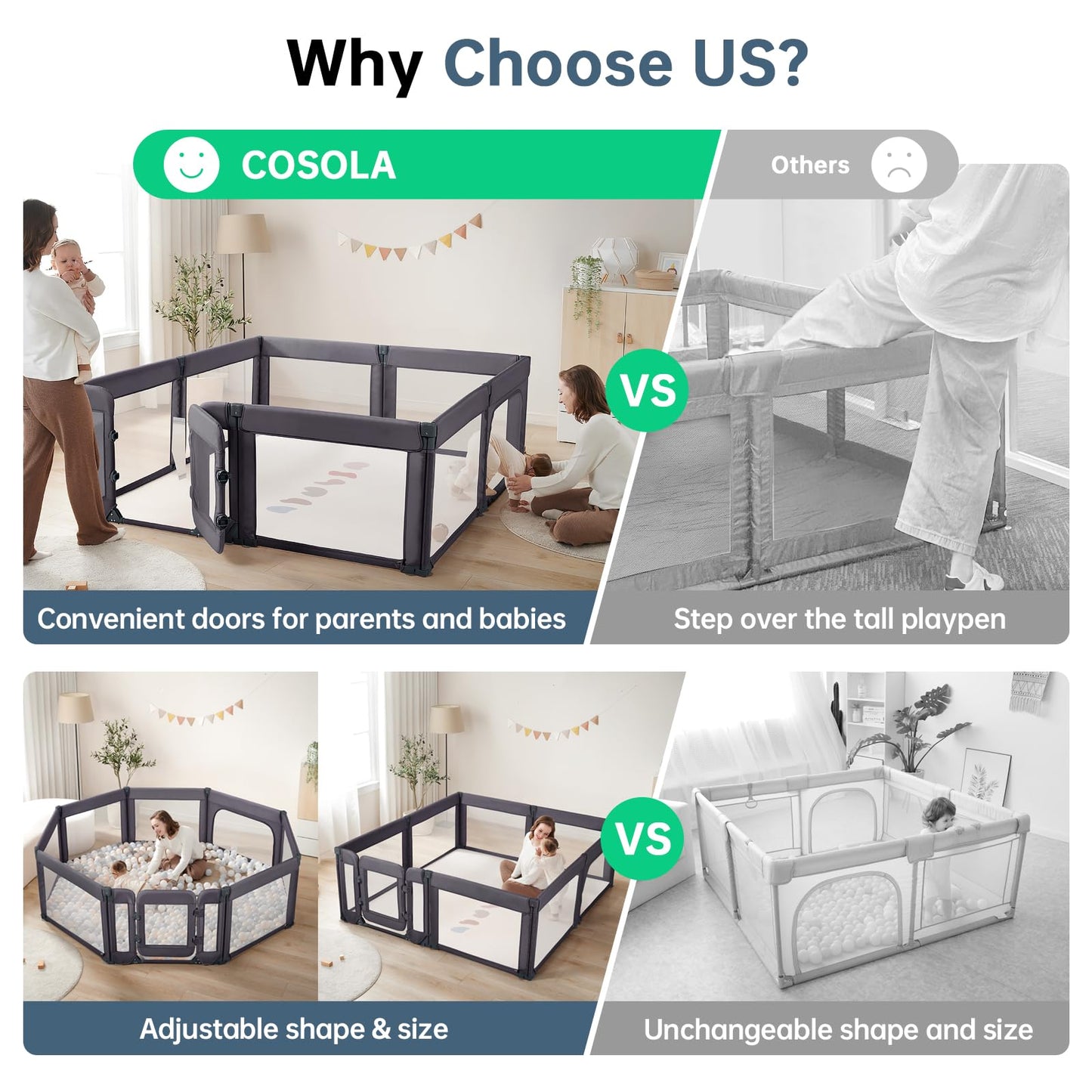 Baby Playpen,Extra Large Playpen For Babies And Toddlers With Baby Door 79X71 Inch, Adjustable Playpen Non-Slip Suction Cups Bas