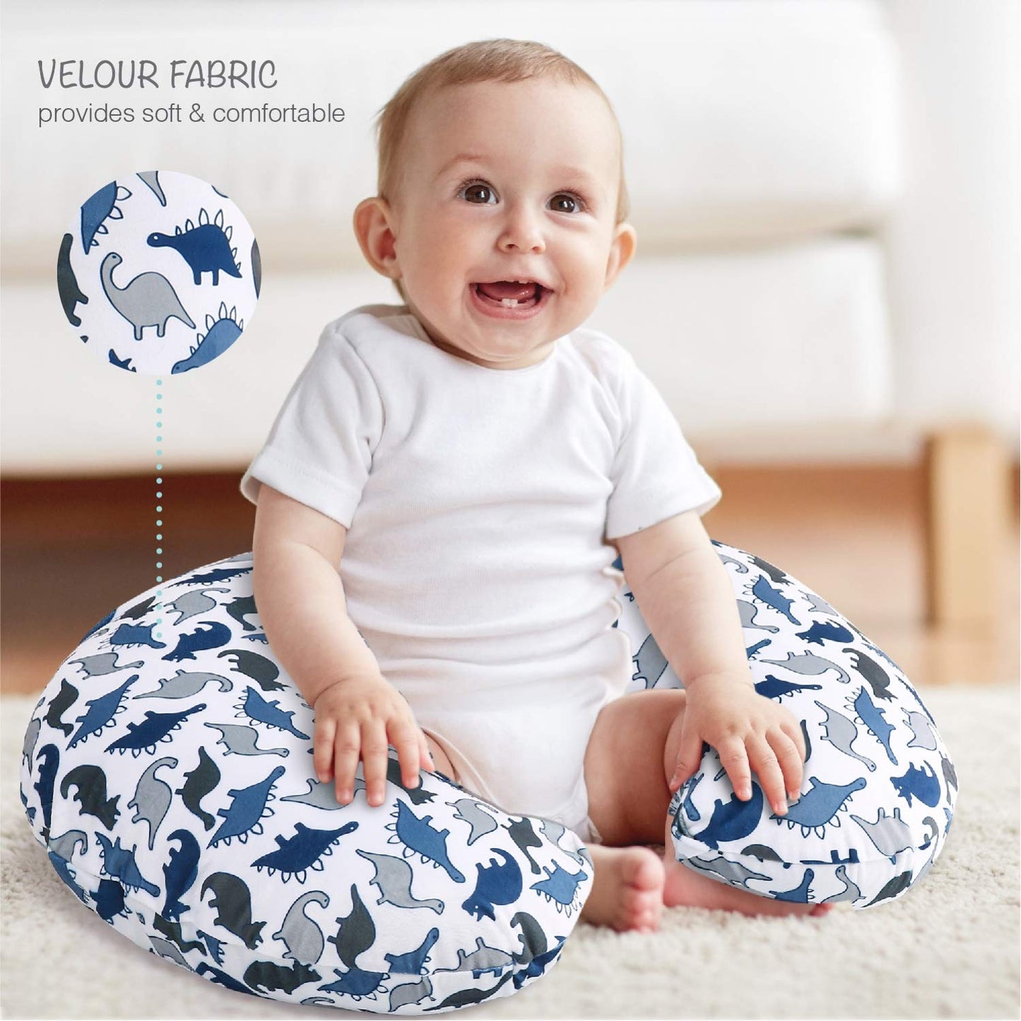 The Peanutshell Nursing Pillow Cover Set For Baby Boys Or Girls | Dinosaur & Navy Blue Minky Dot | Unisex 2 Pack