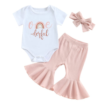 Yokjzjd Baby Girl Short Sleeve Romper T-Shirt Tops Bell Bottom Pants Set One Year Old Birthday Outfit 3Pcs Summer Clothes (White