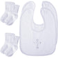Jiuguva 4 Pcs Baptism Bibs And Socks Set Christening Bib For Baby White Embroidered Cross Baptism Outfit For Boy Girl (6-12Month